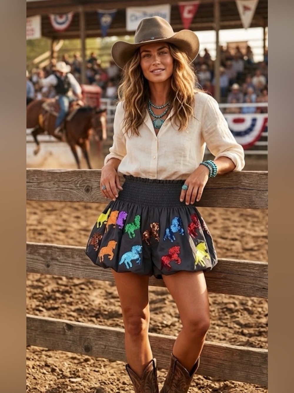 QUEEN OF SPARKLES Black High-Waist Multicolor Sequin Horses Shorts